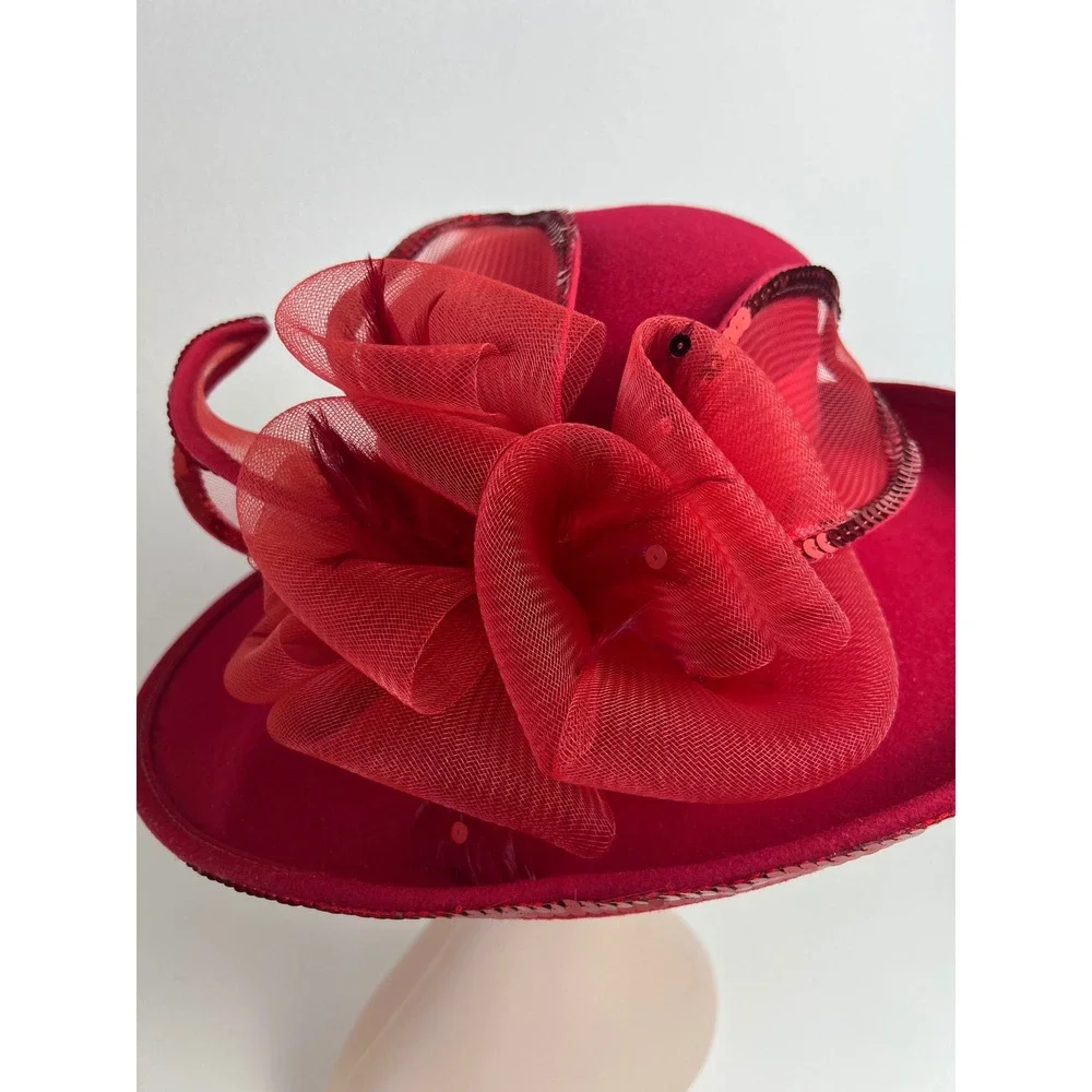 Vintage Deborah Fashions Red 100% Wool Church Formal Derby Wide Brim Hat USA